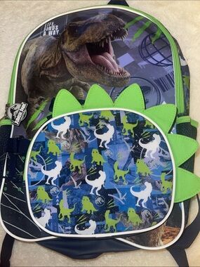 Jurassic World Kids Dino Backpack - Navy & Lime Green. Detachable Lunch Kit